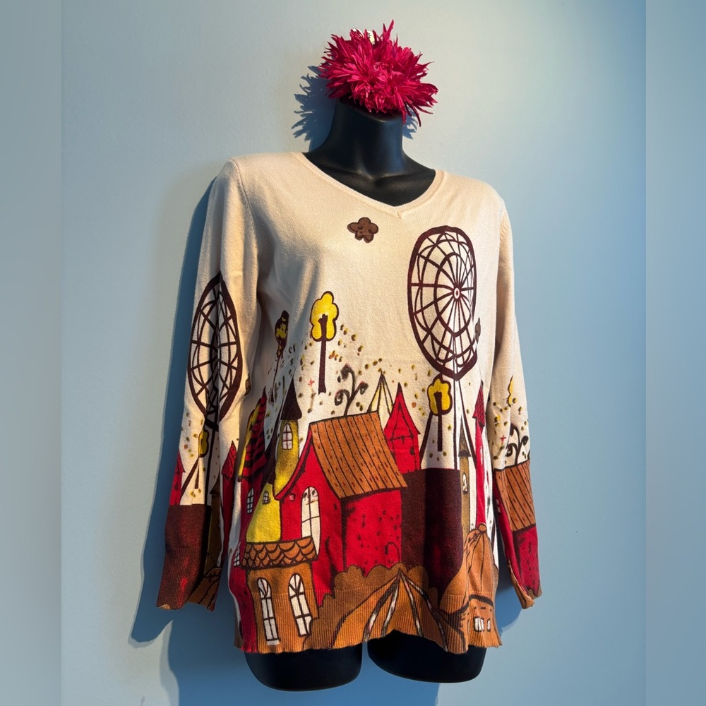 Ness Cream Scenic Print V-Neck Sweater size medium - Picture 5 of 10